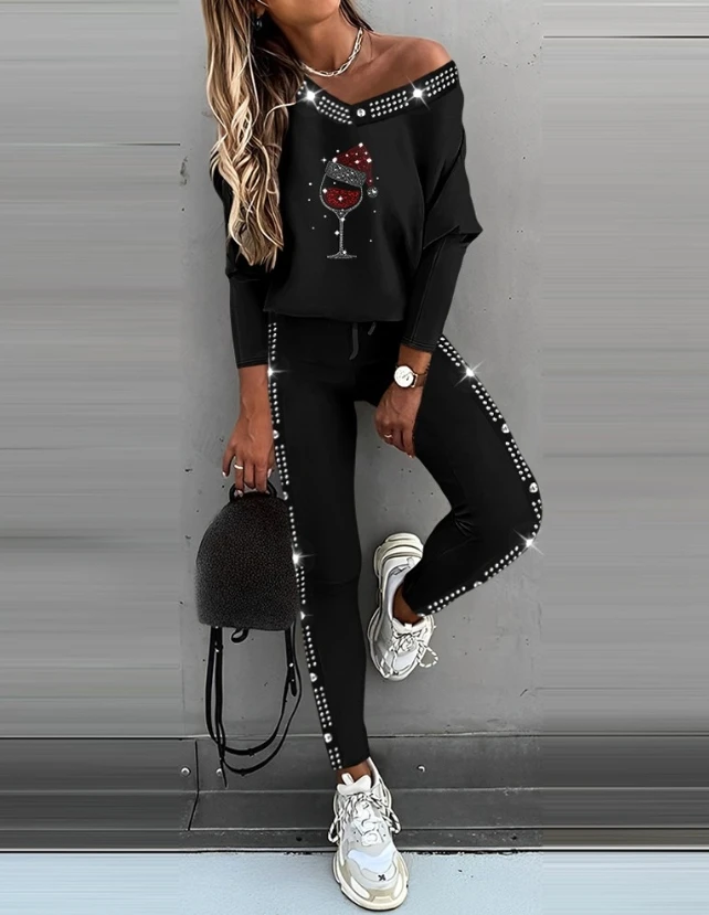 Y2K Two Piece Set Women Outfit 2023 Autumn New Fashion Casual V-Neck Christmas Rhinestone Wine Glass Pattern Top & Pants Set pants for woman 2023 new rhinestone beaded butterfly pattern split hem skinny jeans without belt all match denim trousers