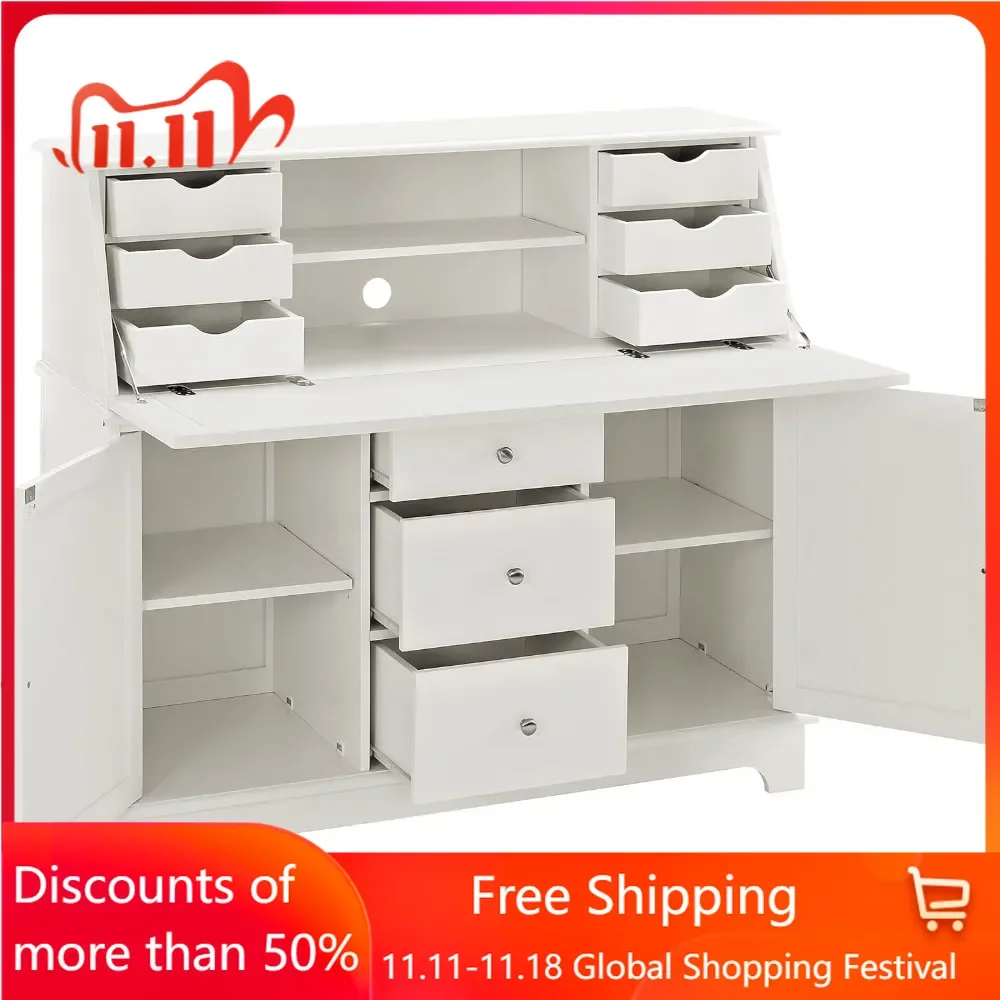 Reception Desks,Sullivan Wood Home Office Secretary Desk with Storage Shelves and Drawers, White,Reception Desks