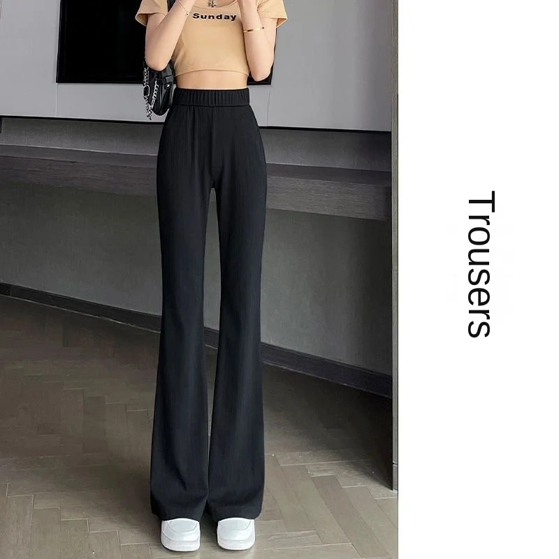 캐주얼 하이 웨이스트 아이스 실크 플레어 바지 여성용, 얇은, 솔리드, 밀대 걸레 바지, 부드럽고 편안한, 탄성, 여름