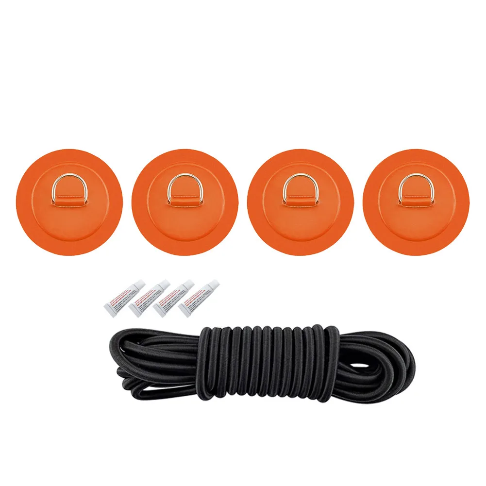 shangmu 4 Pieces D Ring Pad Patches Deck Attachment and 1 Piece 5mm Diameter Elastic Rope Shock Cord Fit for PVC Inflatable Boat Raft 