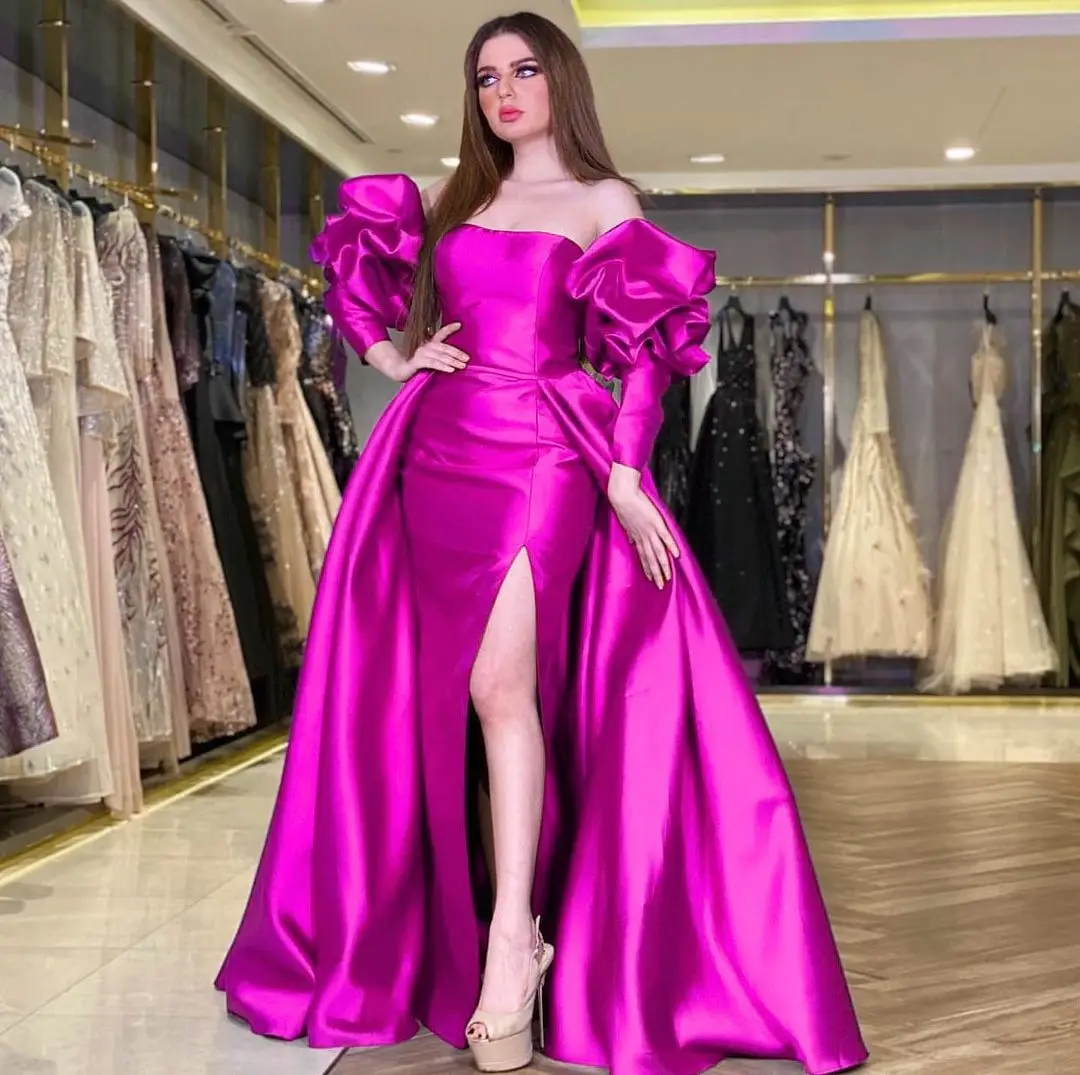 

Vintage Mermaid Puff Sleeves Prom Dresses Strapless Side Split Floor Length Evening Gowns Party Dresses