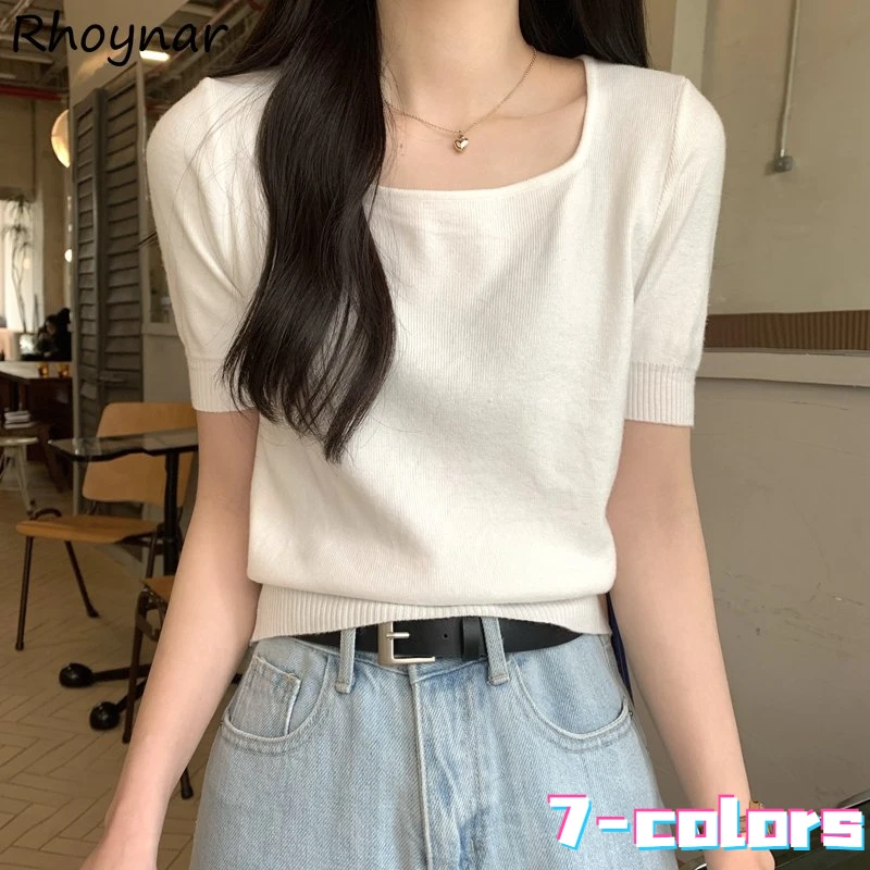 

Футболка женская трикотажная с коротким рукавом, укороченная простая повседневная универсальная майка с квадратным вырезом, новый дизайн лето 2022