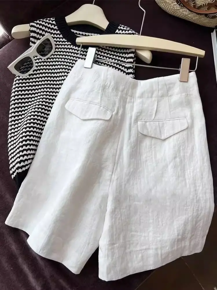 HOUZHOU Casual Women White Linen Shorts Wide Leg High Waist Japanese Fashion Basic Short Pants Female Office Wear Elegant Summer