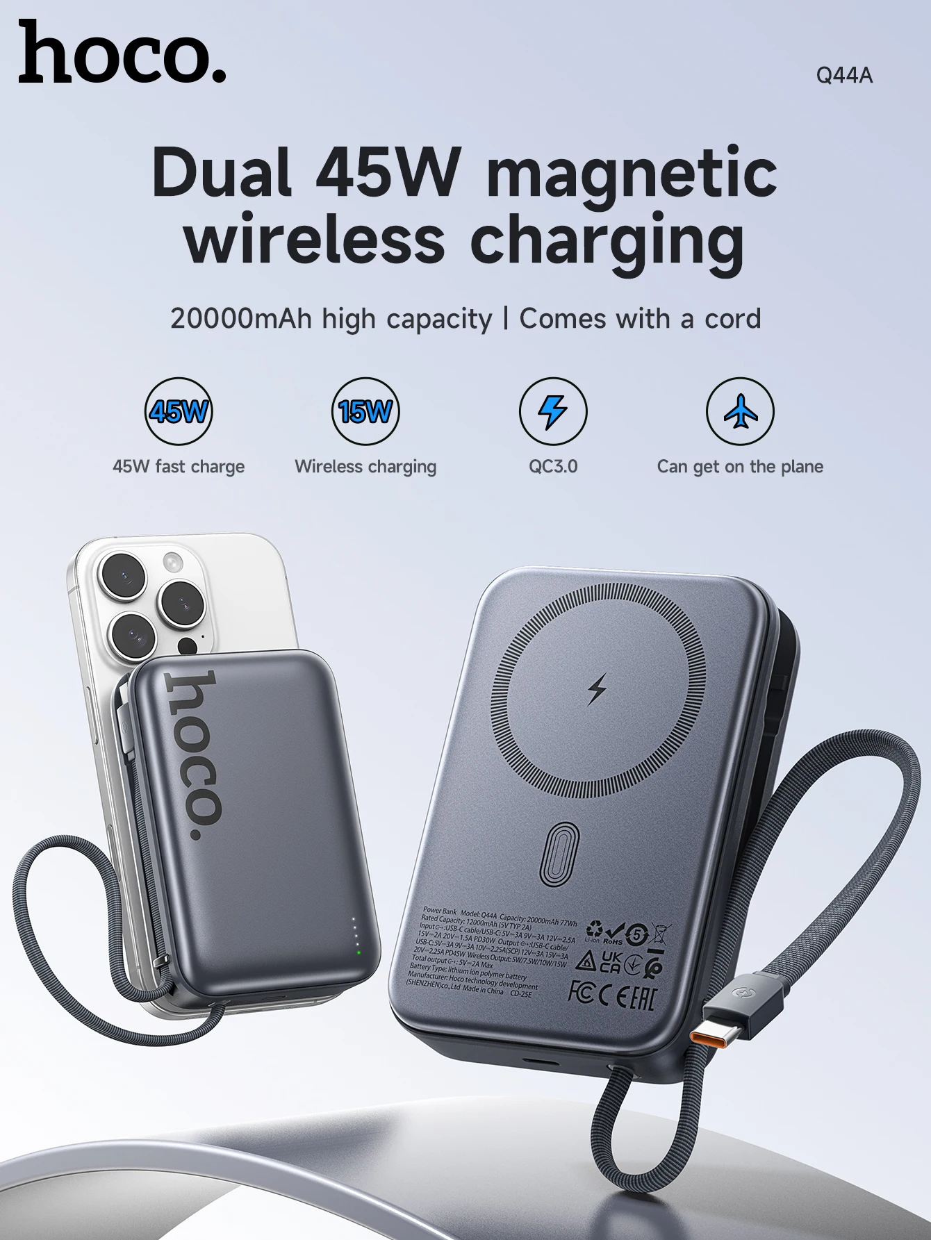 HOCO Q44A 20000mAh 45W Magnetic Wireless Power Bank with USB-C