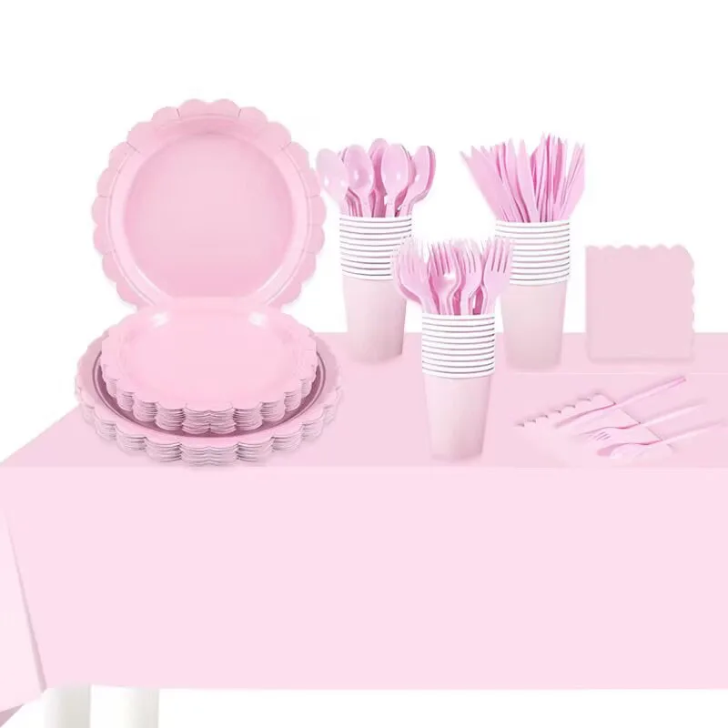 New pink lace disposable party utensil set including napkins, paper cups, plates, knives, forks, spoons, children's birthday par