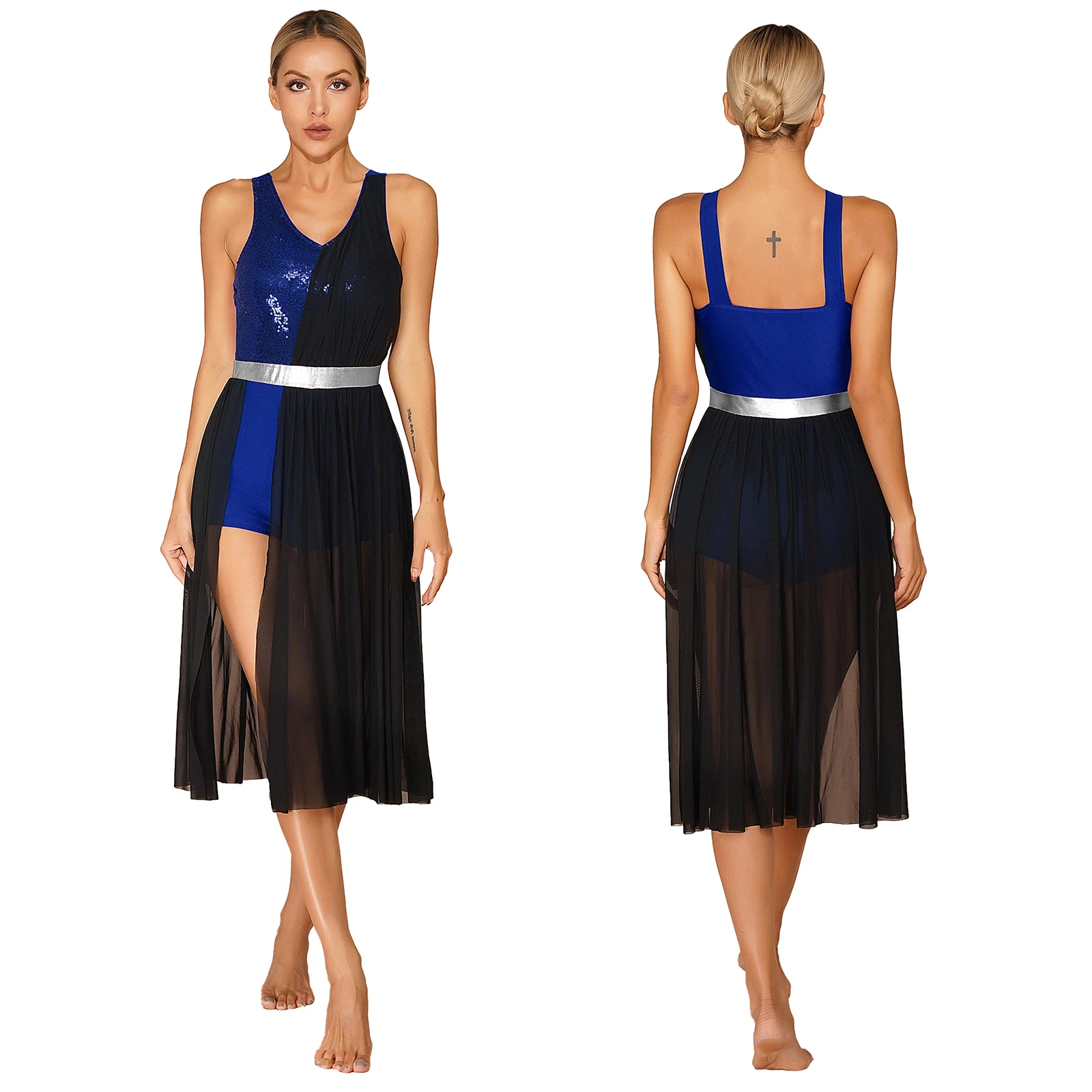 thumbnail image 1 of Traje de patinaje artístico para mujer, vestido de baile lírico con lentejuelas brillantes, vestido de baile de graduación con cuello en V y tirantes anchos para los hombros, Ropa de baile, 1 of 5