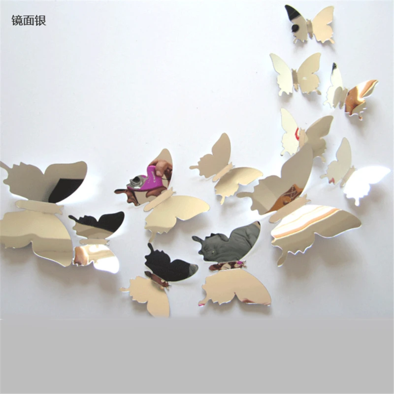 12pcs/Pack Three-Dimensional Mirror 3D Colorful Butterfly Wall Pasted Bedroom Living Room Household Decoration