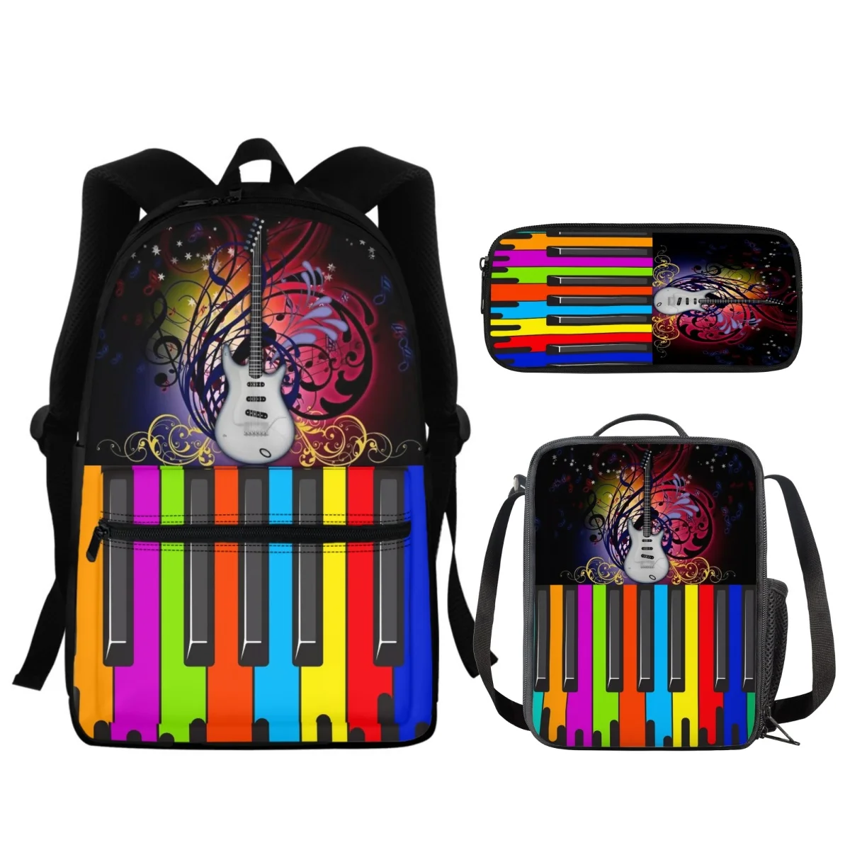 

FORUDESIGNS Colorful Piano Keys Schoolbags Students 3Pcs/Set Pencilcase Dual Zipper Meal Bags Flame Guitar Music Bookbags