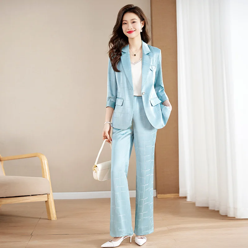 

Женский офисный костюм из двух предметов, элегантный облегающий костюм в Корейском стиле, повседневный пиджак с коротким рукавом и брюки с широкими штанинами, на лето
