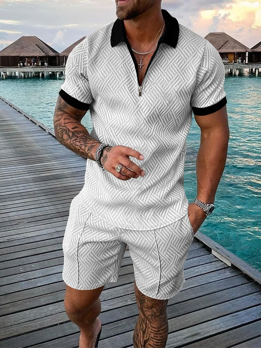 Summer Men’s Sportswear – Patchwork Zipper Polo & Shorts Set for Trendy Casual Street Style