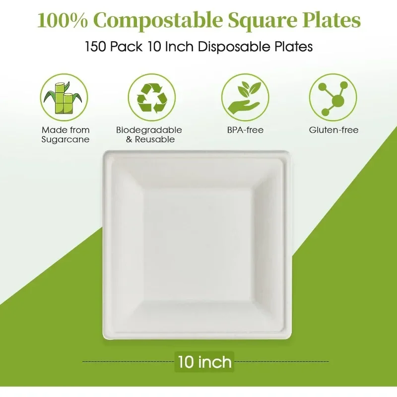 150 Pieces Compostable Square Paper Plates, 10 inch Heavy Duty Disposable Plates, Eco-friendly Biodegradable