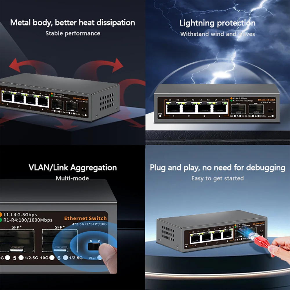 2.5Gbps 이더넷 스위치 4 포트 2500Mbps 네트워크 스위처 2 포트 10G SFP+ 슬롯 홈 랩 허브 인터넷 분배기 플러그 앤 플레이
