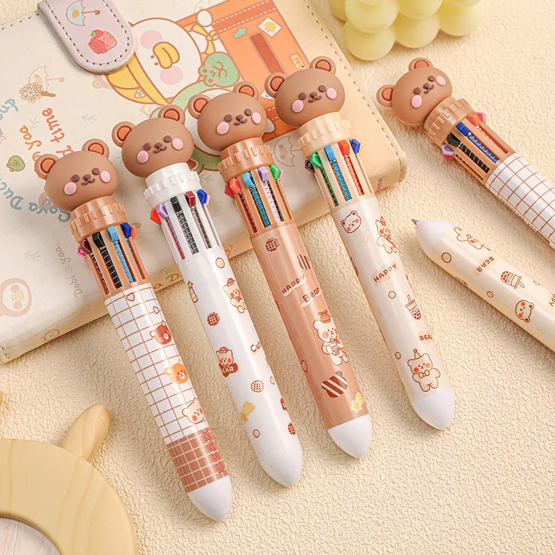 

Cartoon Cute Bear 10 Color Ballpoint Pen Kawaii High-value Color Pen Student Teacher Learning Writing Supplies Korean Stationery