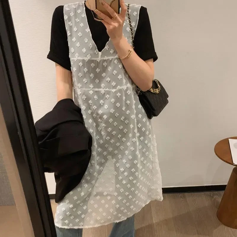 

Rimocy Spring Summer V Neck Sheer Mesh Dress Women Korean Fashion Sleeveless Dresses Woman Flower Embroidery Midi Dress Feamle