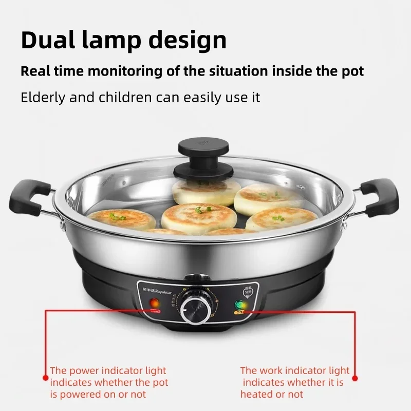 220V Large Capacity No Coating Stainless Steel Pancake Maker Non-stick Pan Multi-functional Electric Skillets,5.5CM Deep Pot 5