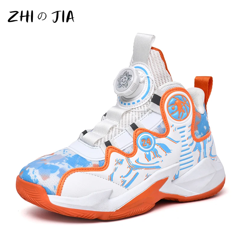 New Children's Footwear Boys Rotating Buckle Anti slip Durable Basketball Shoes Youth Fashion Trend Printed Leather Sneakers