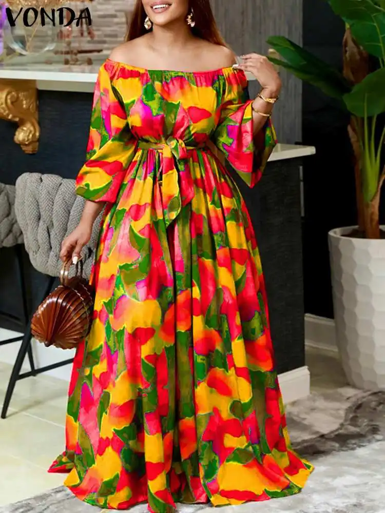 

VONDA 2024 Summer Party Dress Bohemian Floral Printed Maxi Sundress Women Sexy Off Shoulder Vestido Long Sleeve Belt Robe Femme