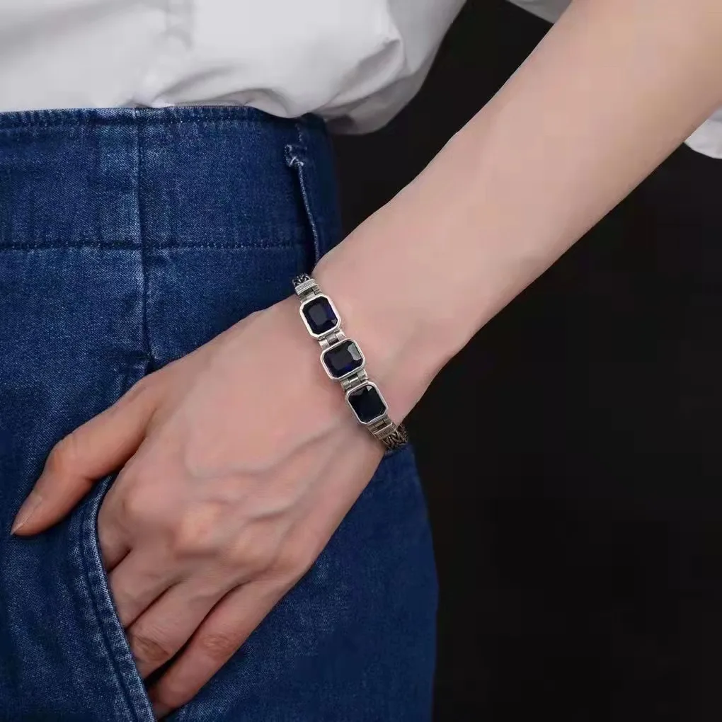 S925 Sterling Silver Vintage Bracelet Jewelry 18/20/22cm Woven Chain Blue Crystal Gem Men Women Couple Party Fashion Gift