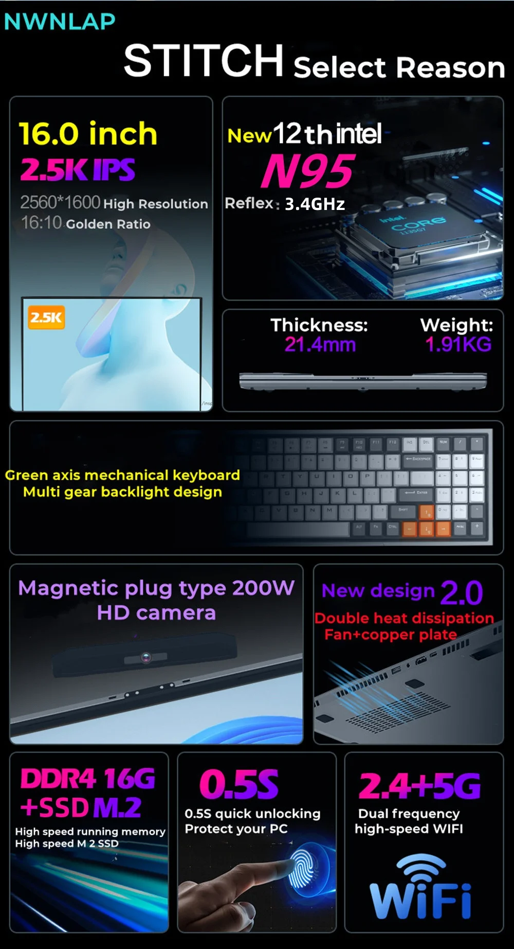 High-Performance 16.0 Inch Gaming Laptop with Mechanical Keyboards, 2.5K IPS Display, Intel N95, Windows 11, 16GB RAM, 256GB SSD, Wifi, BT, and Touch ID Description Image.This Product Can Be Found With The Tag Names 01 laptop, Gaming laptops windows 10, Laptop computer ce