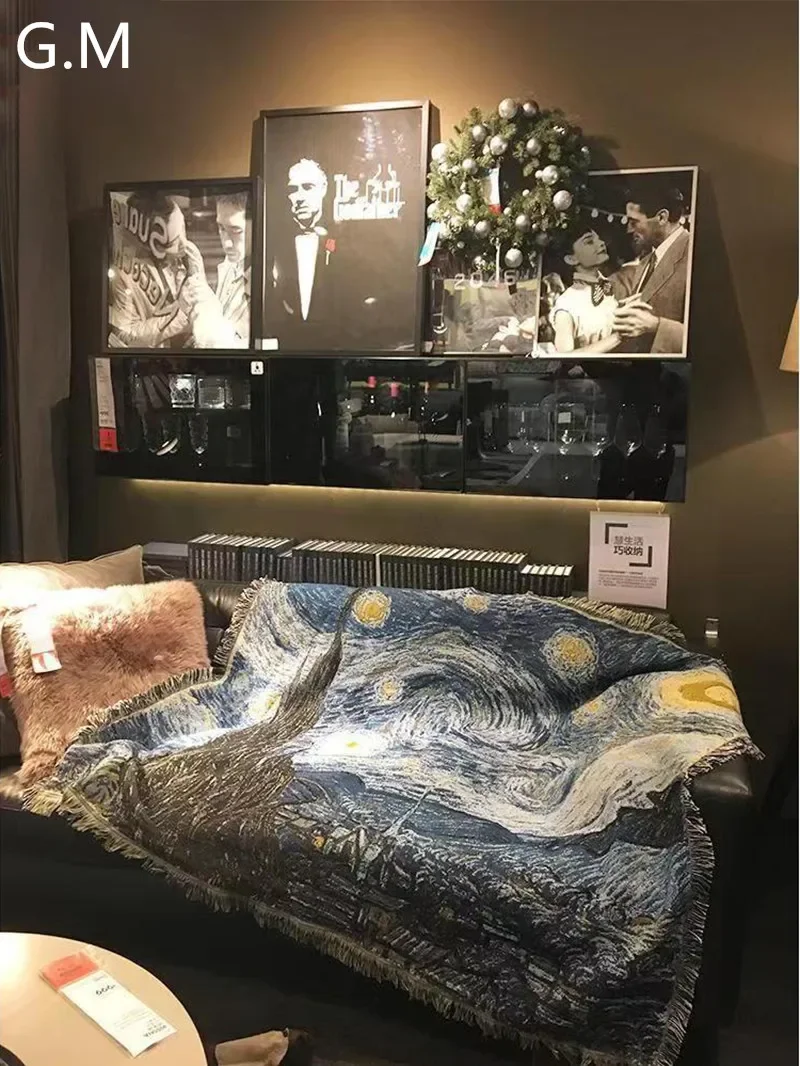 

Cotton Van Gogh Starry Night Blanket Oil Painting Printed Sofa Bed Decorative Carpet Knitting Thickened Tapestry Picnic Blanket