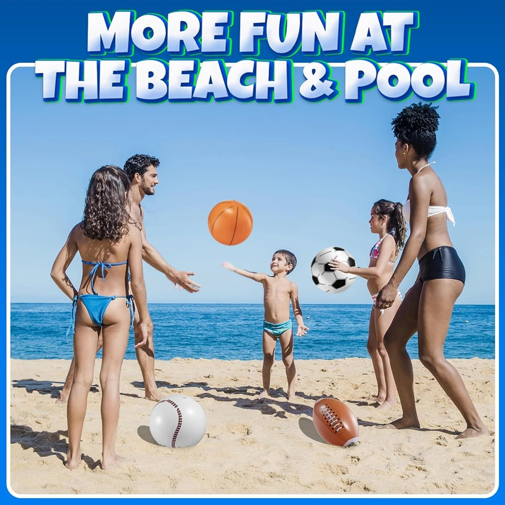16" Inflatable Sports Beach Balls-Basketball Baseball Football Soccer for Themed Parties, Pool Toys Birthday Party Favors
