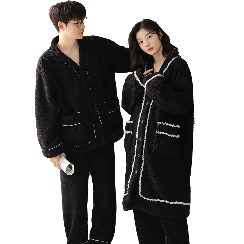 

High Quality Couple Pajamas Set Winter Women Men Warm Flannel Pijama Lovers Home Clothing