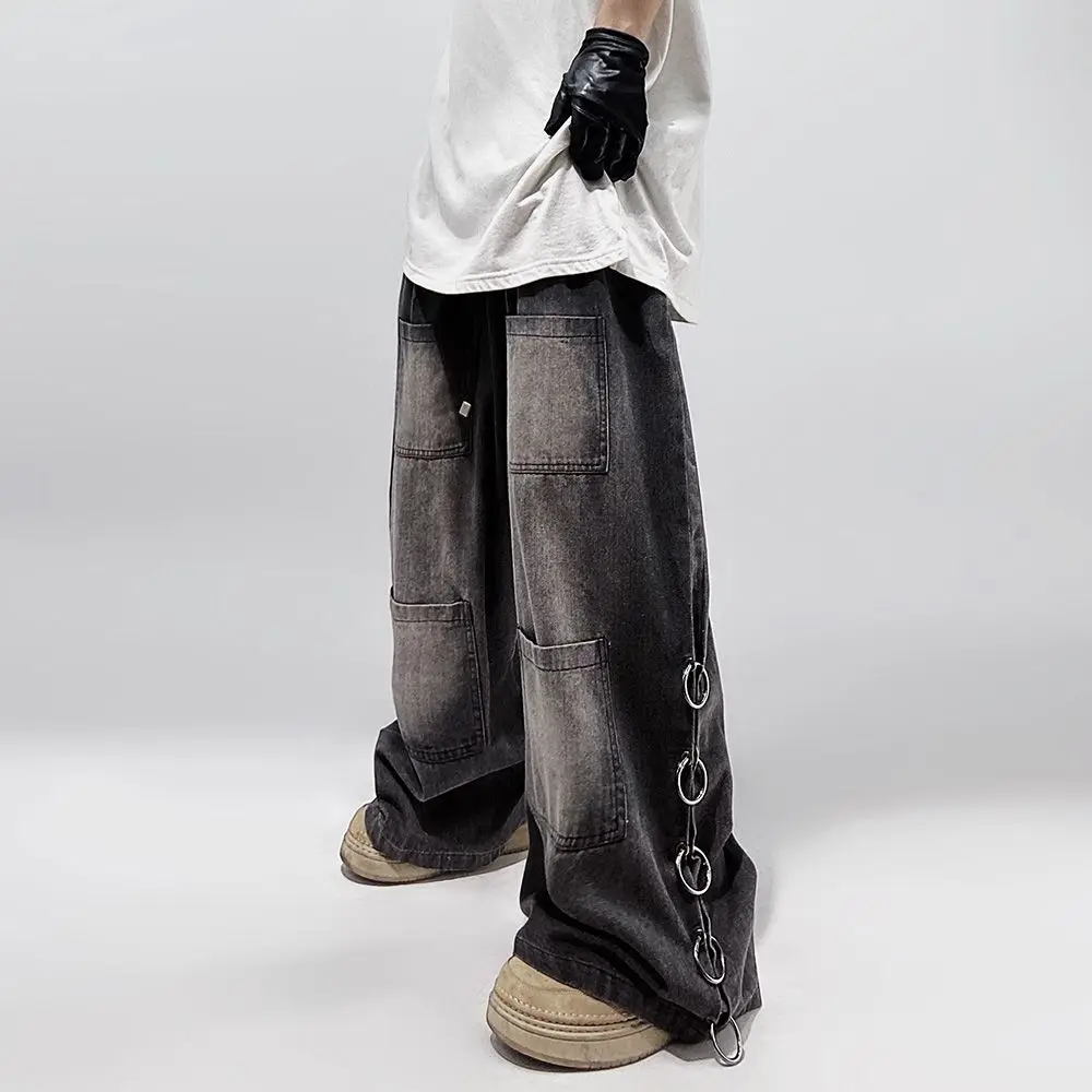 American Style Oversized Pocket Retro Baggy Jeans Men Y2k Hip Hop Punk Wide Leg Straight Overalls Black Denim Pants Streetwear images - 6