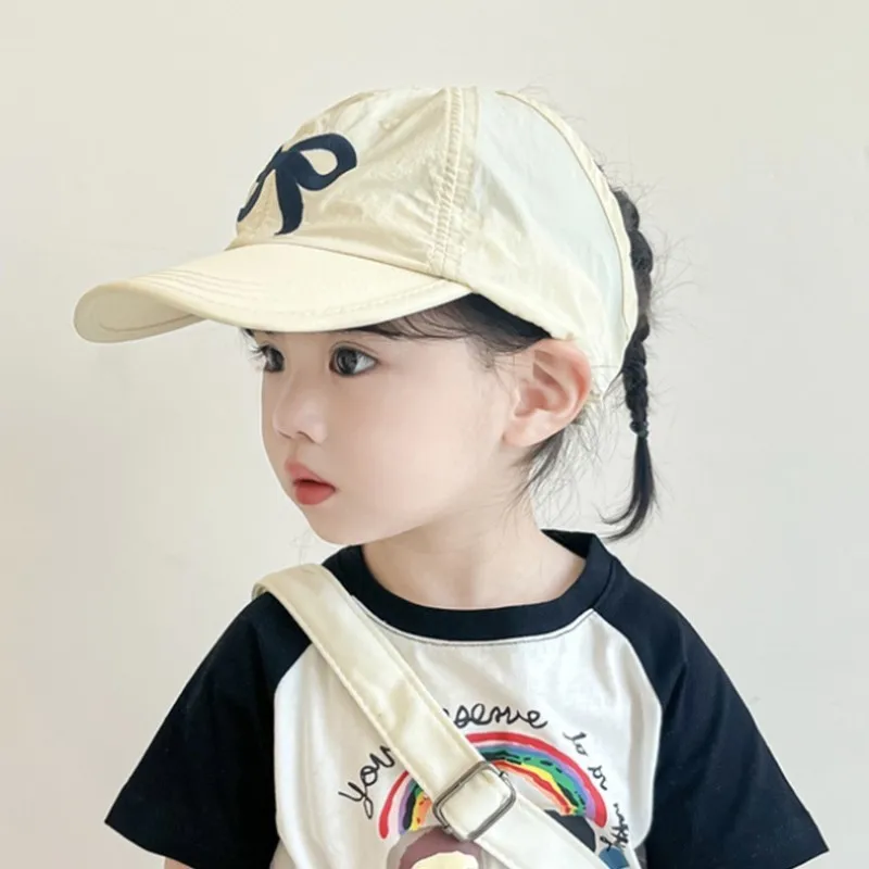 Children Quick Drying Sun Visor Hats For Boys Girls Bow Embroidery Empty Top Ponytail Baseball Cap Kids Summer Sunshade Hats