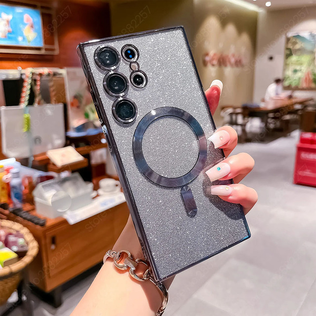 Glitter Luxury Magnetic Woman Case For Magsafe For Samsung Galaxy S24 S23 S22 Ultra Plus Accessories Wireless Charging Cover - For Galaxy S23, Black