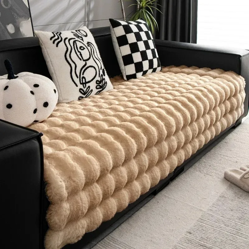 Imitation Rabbit Fur Plush Sofa Cover Winter Fluffy Warm Sofa Towel Universal Non-slip Sofa Mat Couch Slipcover Couch Cushion 3