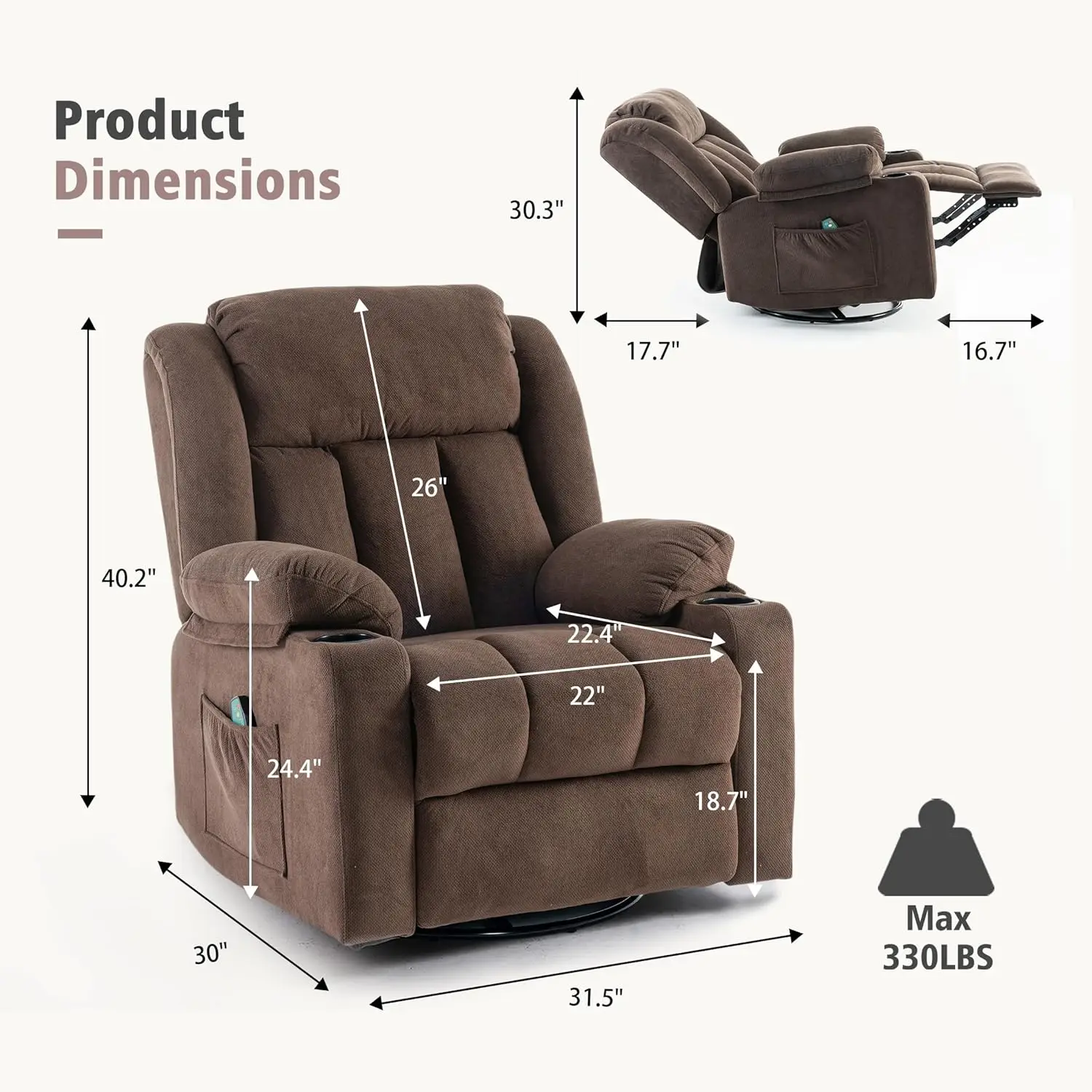 Rocker Swivel Recliner Chair for Adults, Overstuffed Large Manual Recliner Glider with Massage and Heat Comfy Soft Fabric Living