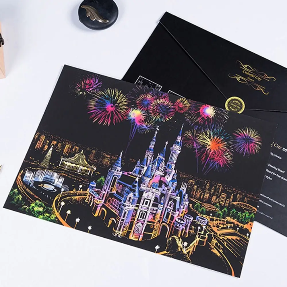by Scratch Scratch Painting Kit Engraving Painting Landscape Scratchboard Scratch Paint Castles Flame with Tools Art Paper