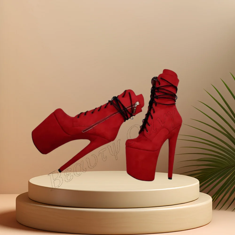 

Red Front Lace up Ankle Boots Cross Tied Platform Spike High Heel Shoes for Women Round Toe High Heels 2023 Zapatos Para Mujere