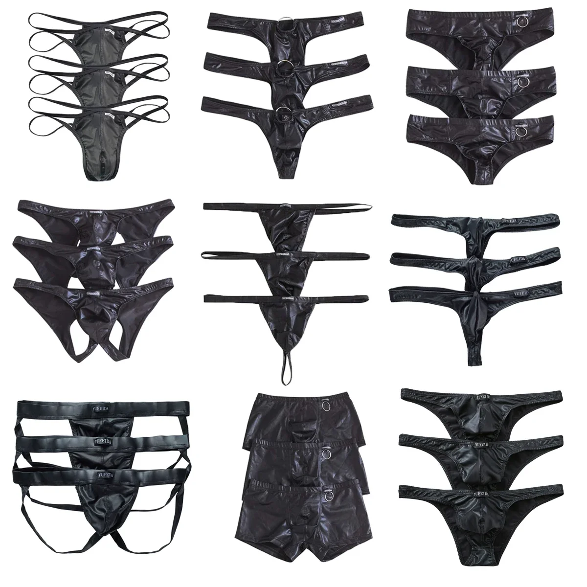 3PCS/Lots Mens Faux Leather Briefs Lingerie G-string Thongs Underwear Sexy Low Rise Bikini Convex Pouch Underpants Boxer Panties mens bikini briefs sexy front hole low rise underwear shiny oily panties t back thongs slim side swimwear erotic underpants