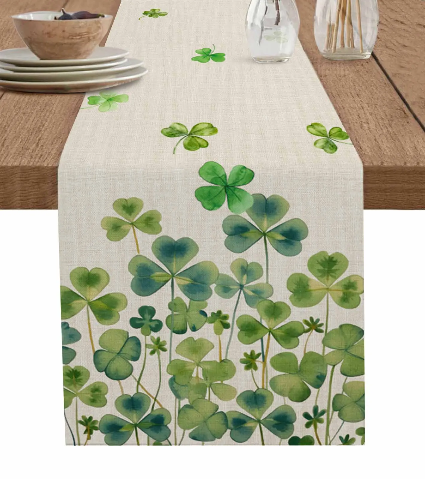 

St Patrick'S Day Shamrock Watercolor Linen Table Runner Kitchen Table Decoration Farmhouse Dining Tablecloth Wedding Party Decor