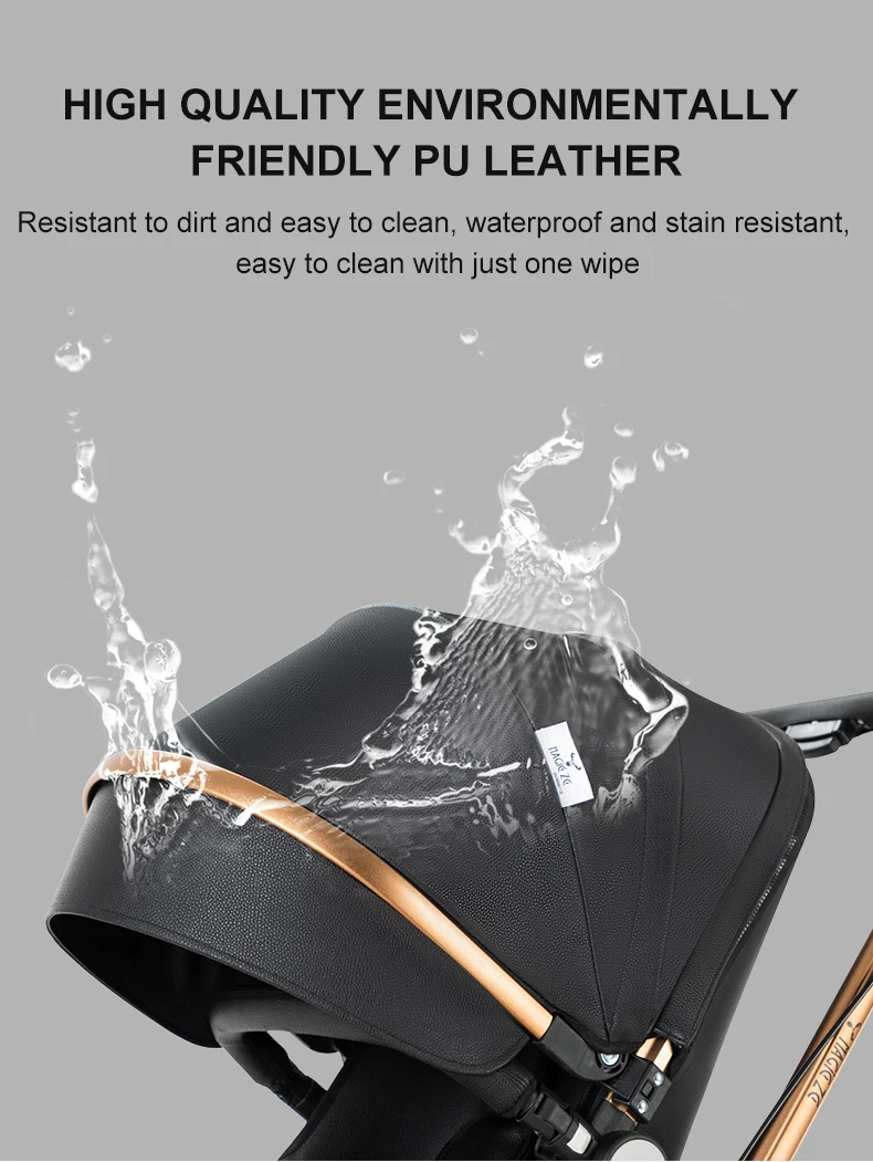 Poussette de luxe 3-en-1 en cuir PU imperméable, facile à nettoyer, système de voyage pour nouveau-nés, poussette pliable avec siège auto et landau