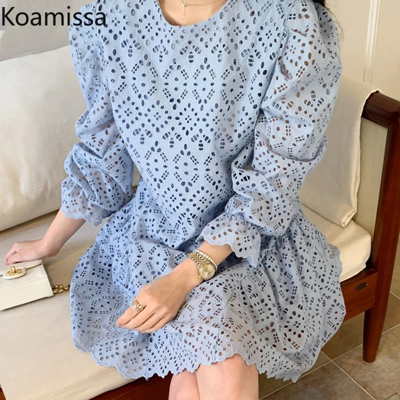 

Koamissa Hollow Out Women Solid Fashion Mini Short Dress Long Sleeves O Neck Fashion Lady Vintage Dresses A Line Loose Vestidos