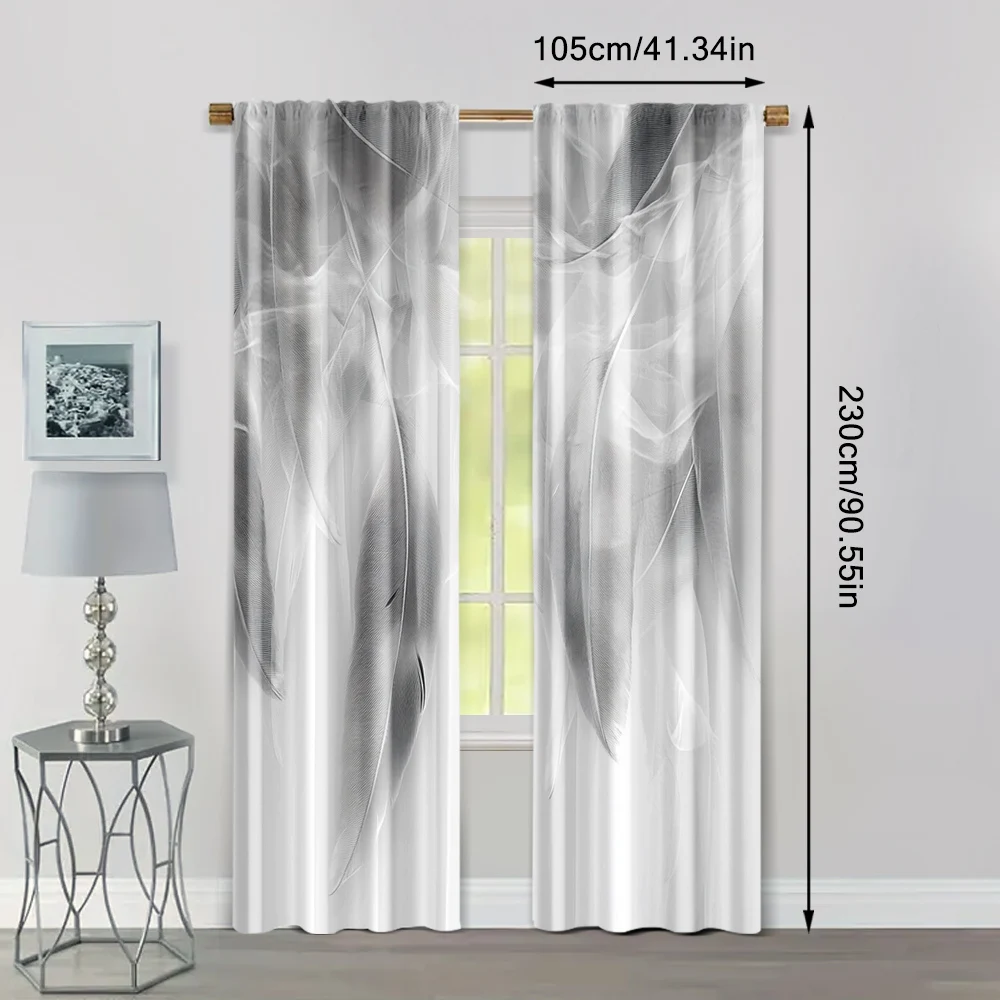 2pcs, Creative Curtains 2D print Gray & White Feather Print Polyester (without rod) Decorations For Home Perfect for Living 4