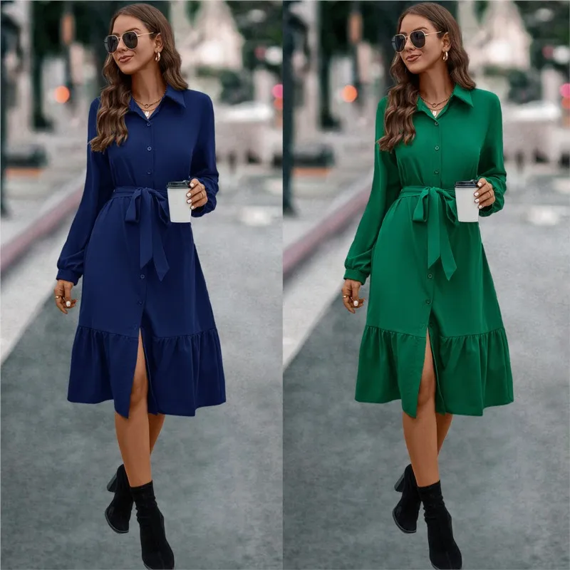 

Elegant Women's Wear 2023 Autumn New Product Office Fashion Temperament Solid Color Long Sleeve V-Neck Shirt Dress Women