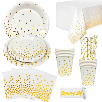 White And Gold Party Supplies 121pcs Golden Dot Disposable Party Dinnerware Set - White and Gold Party Paper Plates Cups Napkins 1
