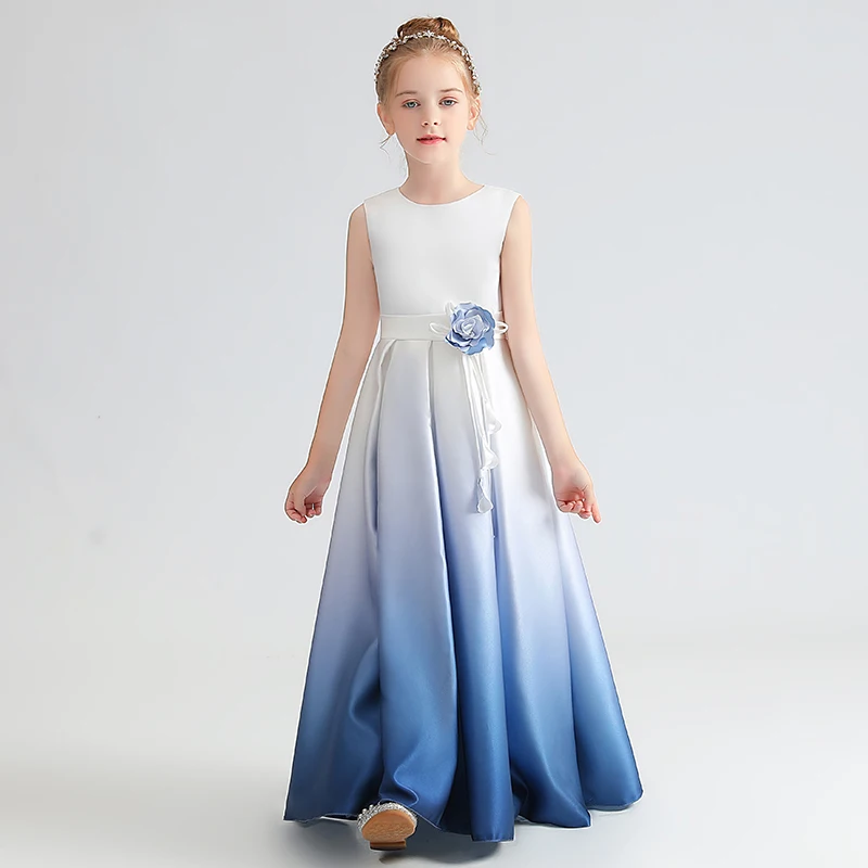 Gradient Color Long Satin Formal Dress For Girls Blue Sleeveless Elegant Pleated Junior Bridesmaid Dresses Dideyttawl satin formal dress