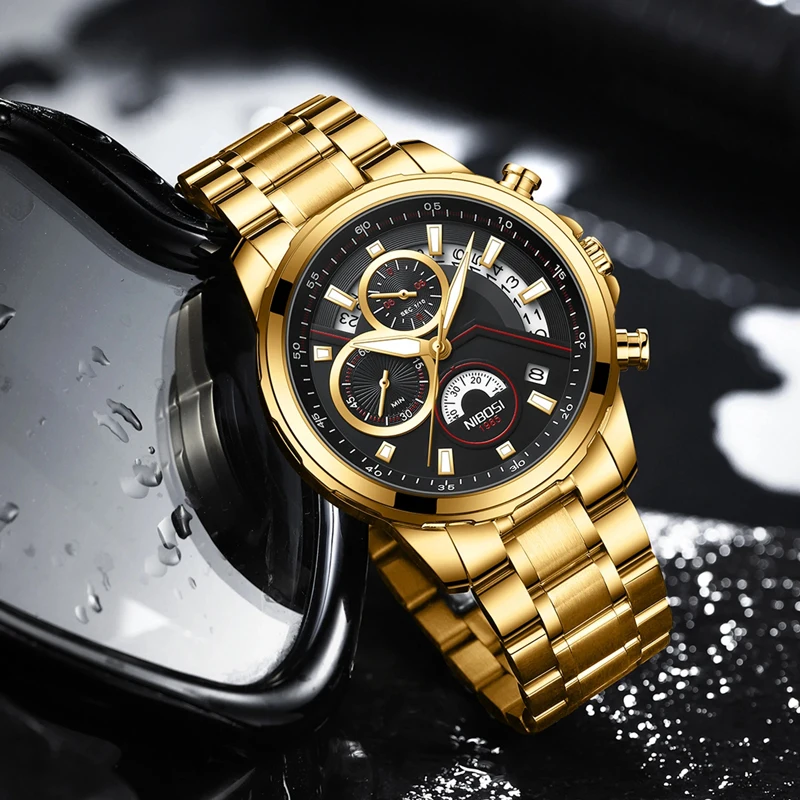 NIBOSI Fashion Mens Watches Top Brand Luxury Stainless Steel Waterproof Sport Chronograph Quartz Watch for Men Relogio Masculino
