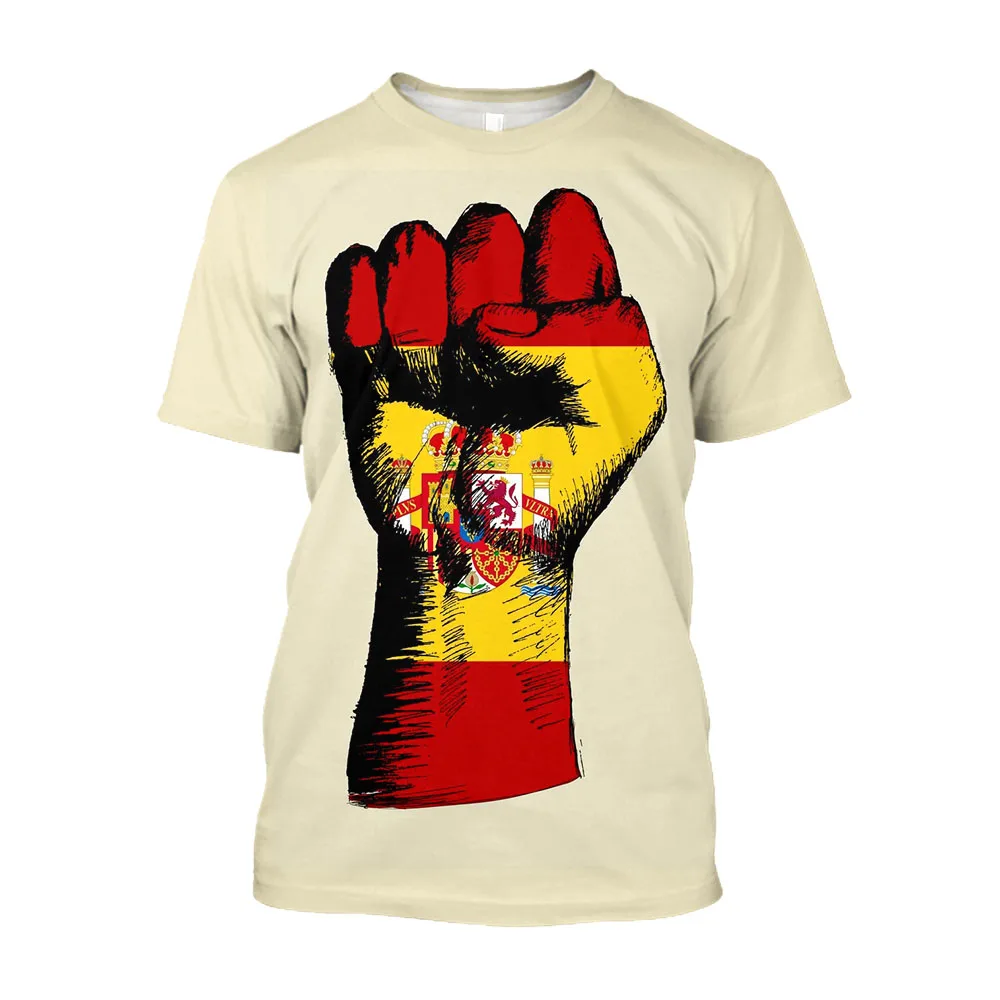 

3D Spain Flag Fist Printed Aesthetic T-shirts For Men Baggy Tee Shirt Y2K Fashion Streetwear Youth Drip Clothes T-shirty