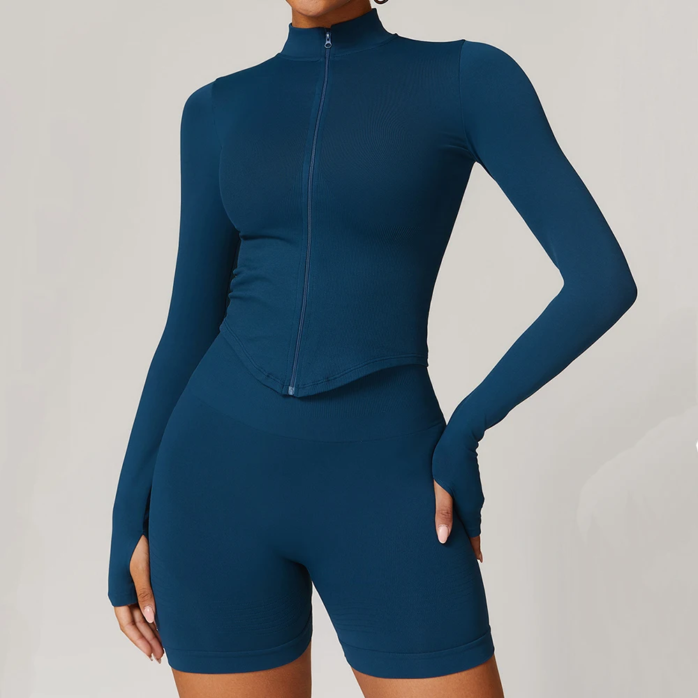 Yoga Jacket Yoga Shirts Women Seamless Zipper Jacket Yoga Long Sleeved Gym Top Ribbed Yoga Stand Collar Jacket Running Workout Sport Coat Women's Shirts
