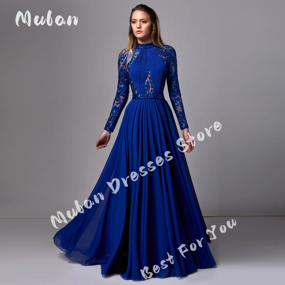 

Shiny Tulle Long Sleeves Draped A-line Prom Dresses Floo-length Blue Evening Dresses 2024 Formal Occasion Party Gown Vestido