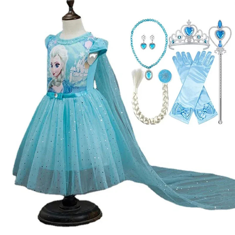 

Disney Baby Girls' Ice and Snow Romance Elsa Anna Dress Toddler Cartoon Print Princess Party Role Playing Dress with Cloak Crown