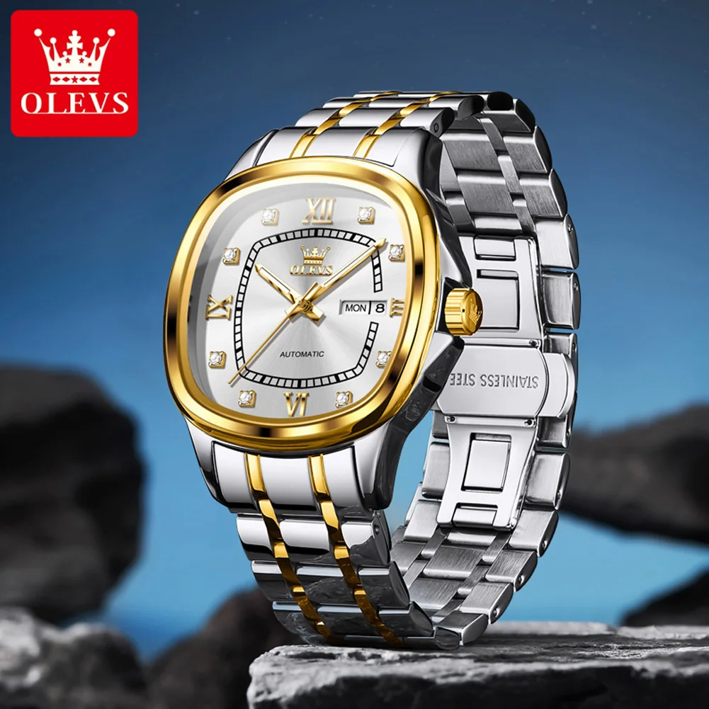 OLEVS 9810 Automatic Watch For Men Dual Calendar Luxury Diamond Scale Business Wristwatch Waterproof Stainless Steel Man Watches