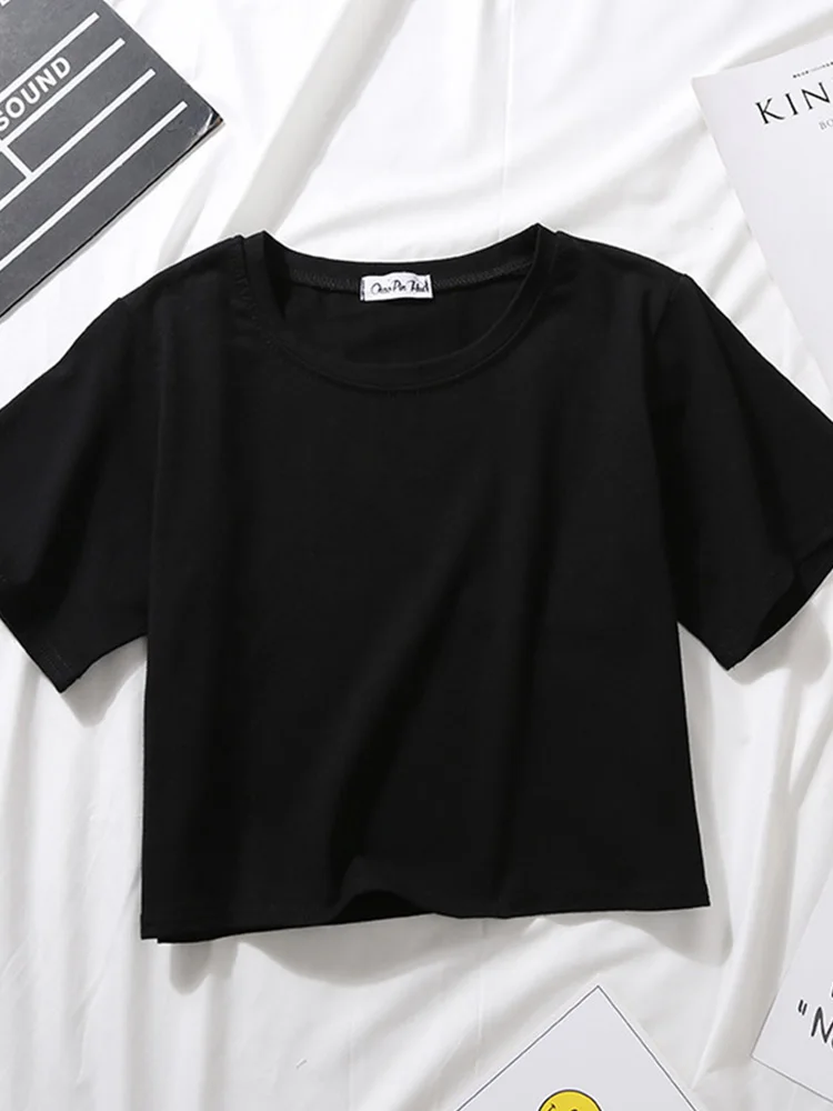 2023 Summer Short Sleeve T Shirts Women Cotton Solid T-shirt O Neck High Waist Crop Top Tee Female Casual Loose T Shirt 1