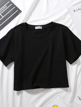 2023 Summer Short Sleeve T Shirts Women Cotton Solid T-shirt O Neck High Waist Crop Top Tee Female Casual Loose T Shirt 1