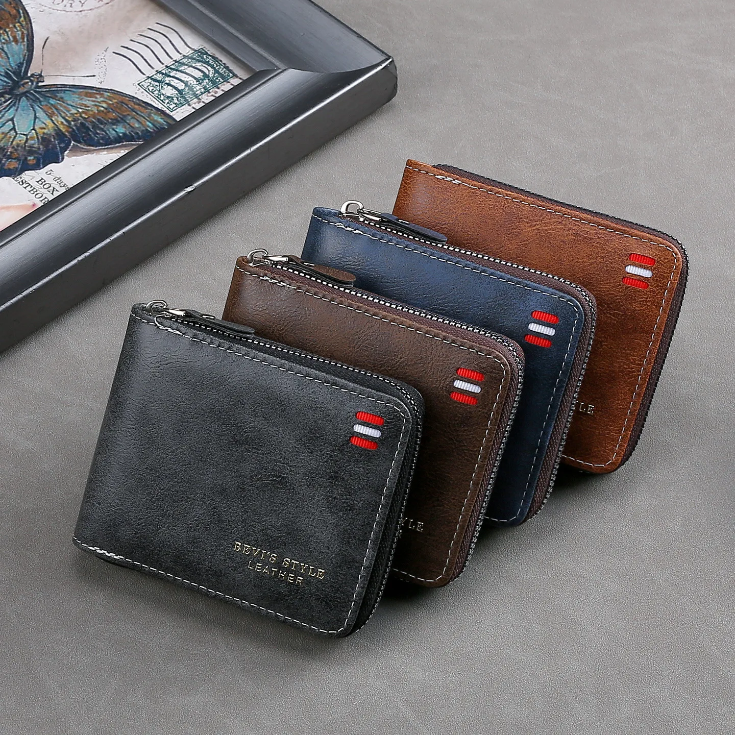 Men's Vintage Trifold Wallet with Zipper Coin Pocket and Casual Buckle